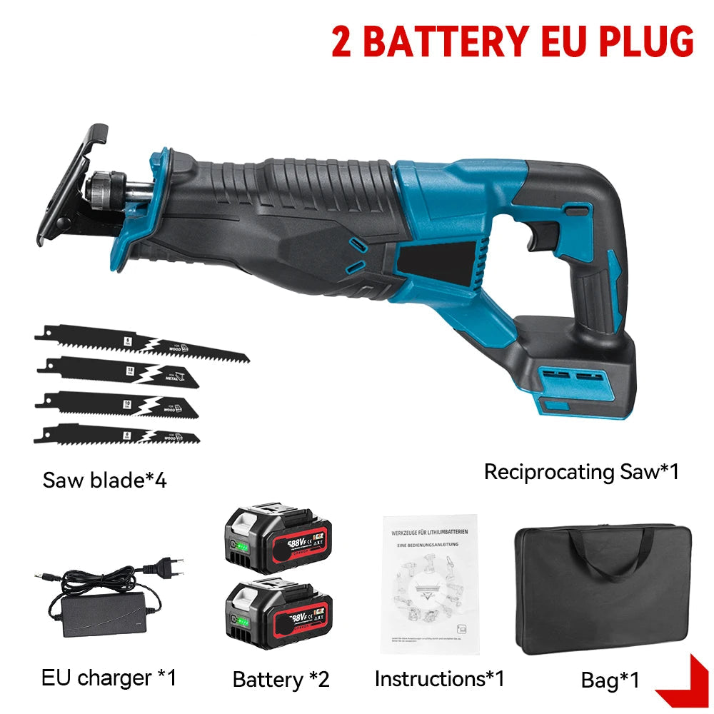 Reciprozaag - met Accu - Draadloze - Verstelbare Snelheid - 3000W - voor Hout - Metaal - Pijpen - Snijden - 18V - 10000 SPM - 2 Batterij