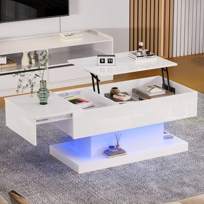 Salontafel – Koffietafel – Bijzettafel – Woonkamertafel – Tafeltje – Hoogglans Wit – Hydraulisch Hefmechanisme – LED Verlichting & Opbergruimte