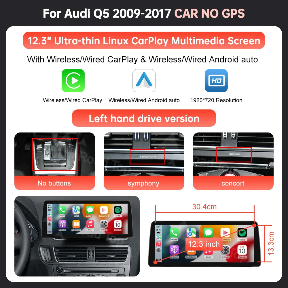 12,3 Inch Touchscreen – Multimedia Scherm – Navigatiesysteem – Auto Entertainment – Draadloos CarPlay Android Auto – Ultradun Design – AirPlay Autolink Ondersteuning