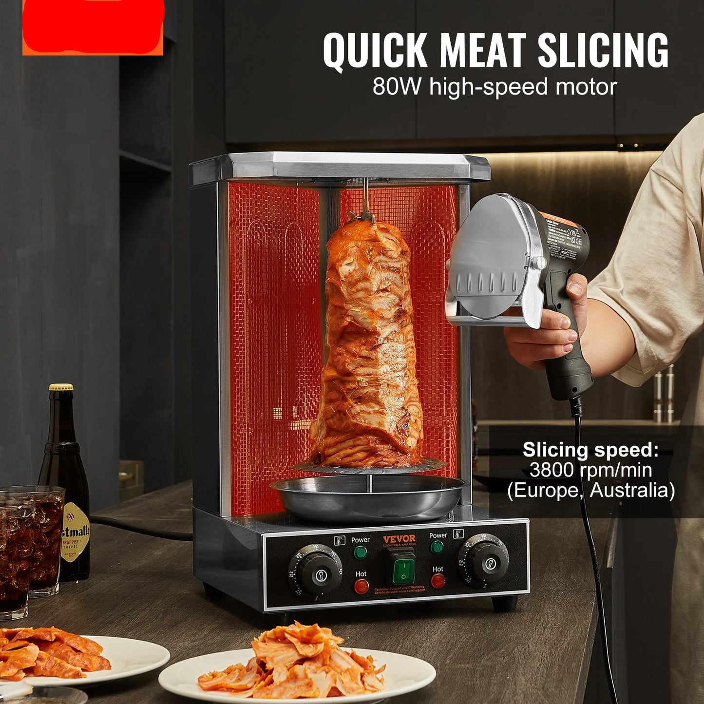 Snijmachine - Vlees Elektrische Kebabsnijder - Elektrisch Shoarma-mes - Vlees Snijder -  Draadloos - 2 Bladen - 0-8mm Dikte -  Plat blad