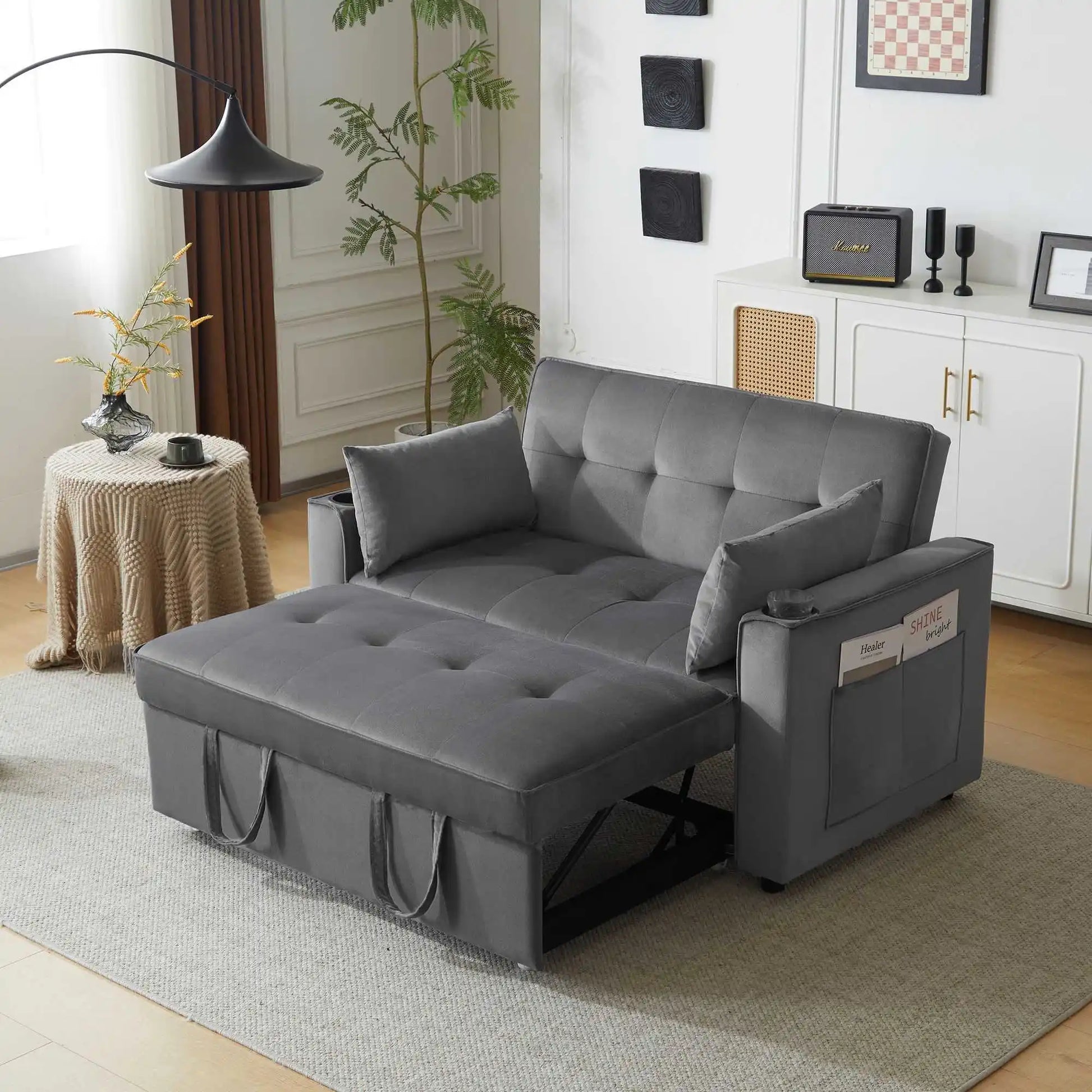 3-In-1 Velvet Slaapbank – Bedbank – Relaxstoel – Slaapbank Met Opbergruimte – Verstelbare Rugleuning – Massief Houtframe – Zachte Kussens - QUORE
