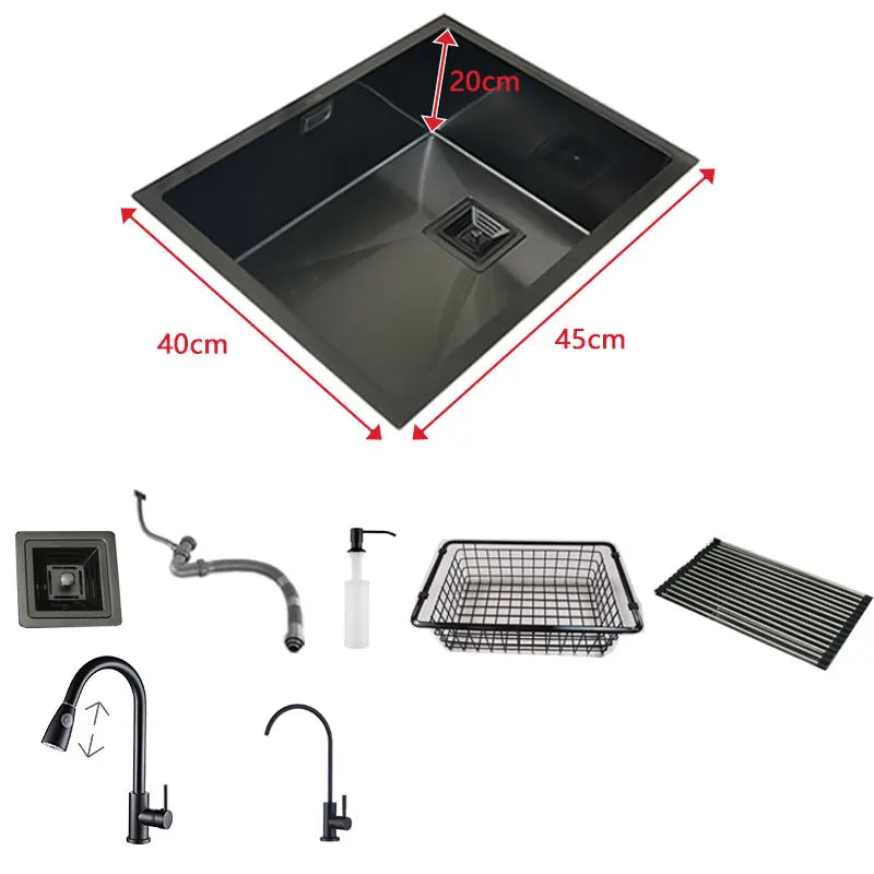 Zwarte Spoelbak – Keukenspoelbak – RVS Spoelbak – Enkelvoudige Bak – Nano Matte Afwerking – 45x40 cm – Roestvrij Staal – Krasbestendig