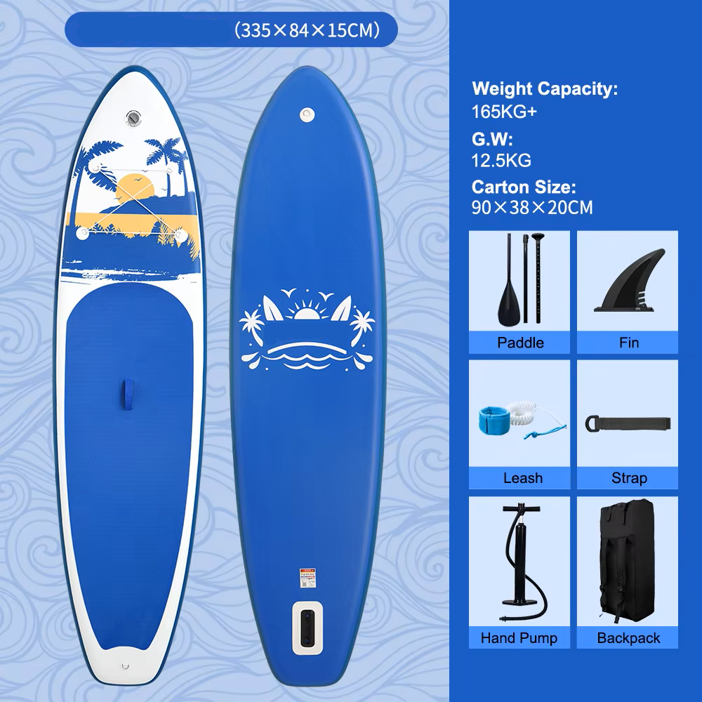 Supboard - Paddle Board - Peddelplank - Surfplank - Opblaasbaar - Inc. Peddel - Vin - Leash - Riem - Handpomp - Rugzak - 335 x 84 x 15 cm - Blauw & Wit
