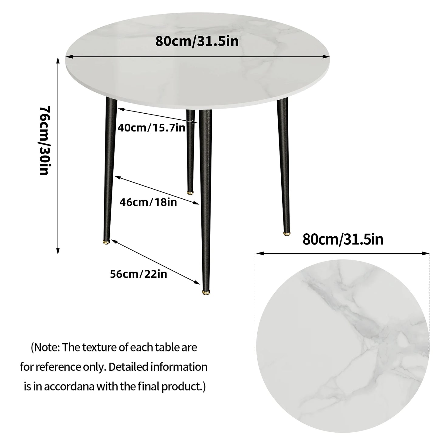Ronde Eettafel – Eettafel Rond – Keuken Tafel – Bistrotafel – Restauranttafel – Grijs Marmeren Blad – Diameter 80 cm – Stabiel Metalen Onderstel