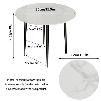 Ronde Eettafel – Keukentafel – Dining Table – Tafel – Restauranttafel – Wit Marmeren Blad – Diameter 80 cm – Zwart Metalen Frame - QUORE