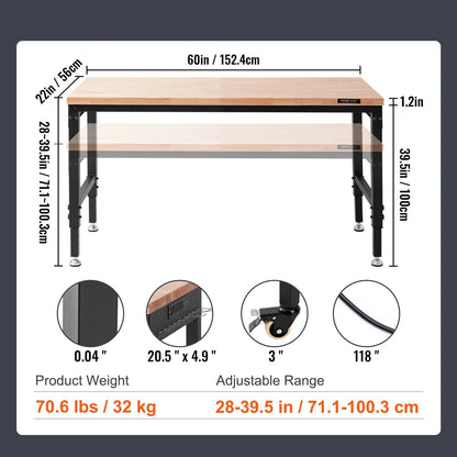 Werkbank – Werktafel – Werkbankje – Werkplek – Verstelbaar 71-100 Cm – Draagkracht 2000lbs – Massief Rubberhout