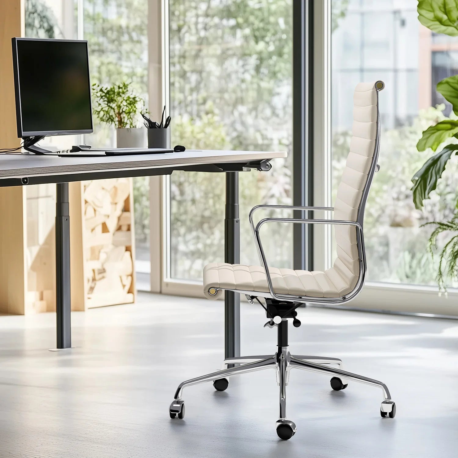 Witte Leren Draaistoel – Bureaustoel – Bureaustoel Ergonomisch – Gamestoel – Werkstoel – Verstelbare Hoogte – Hoog Rugsteun Ribbeldesign - QUORE