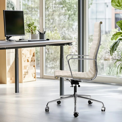 Witte Leren Draaistoel – Bureaustoel – Bureaustoel Ergonomisch – Gamestoel – Werkstoel – Verstelbare Hoogte – Hoog Rugsteun Ribbeldesign - QUORE