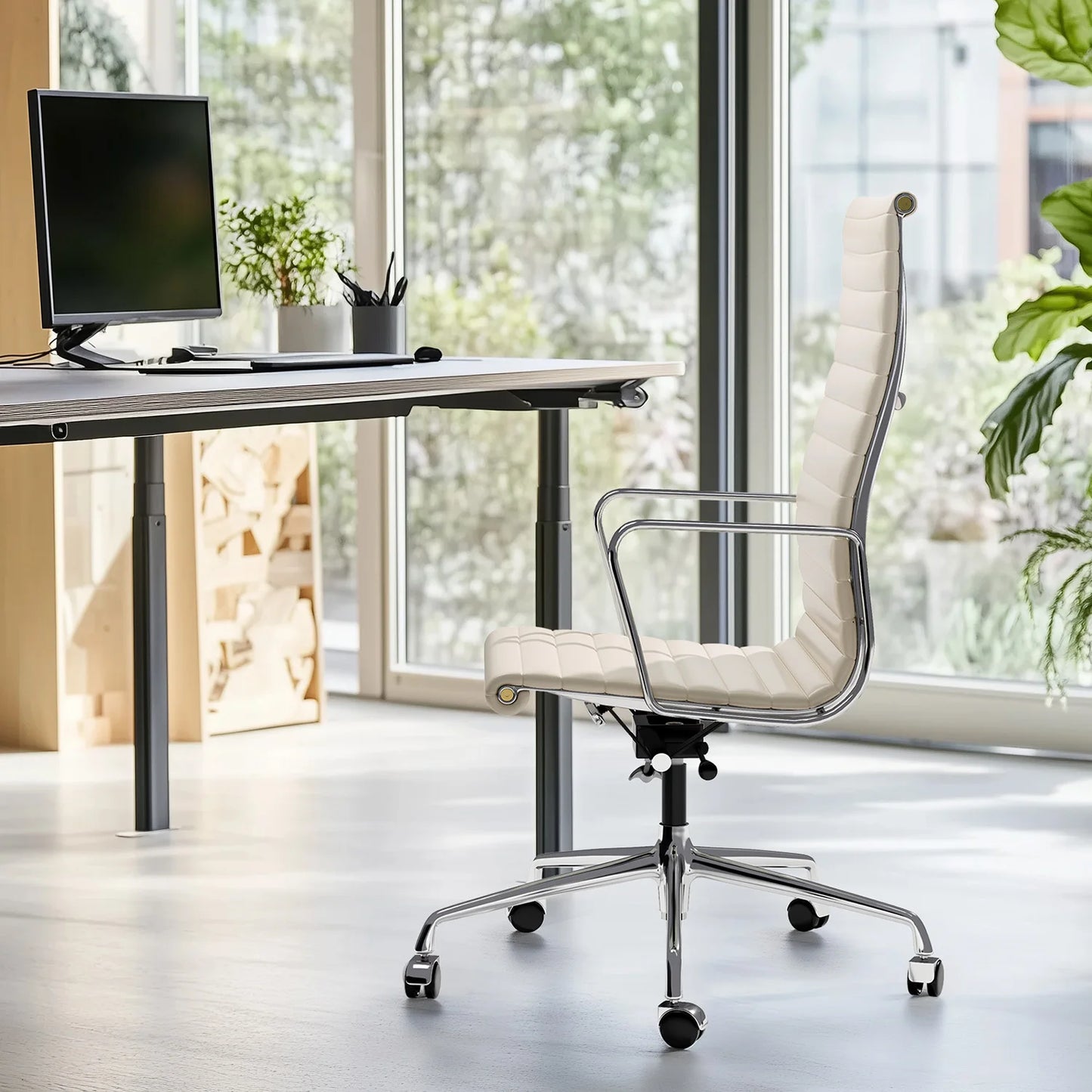 Witte Lederen Bureaustoel – Ergonomische Kantoorstoel – Draaibare Gamingstoel – Verstelbare Werkstoel – Geribbelde Rugleuning – Hoogwaardig Echt Leer – Aluminium Frame - QUORE