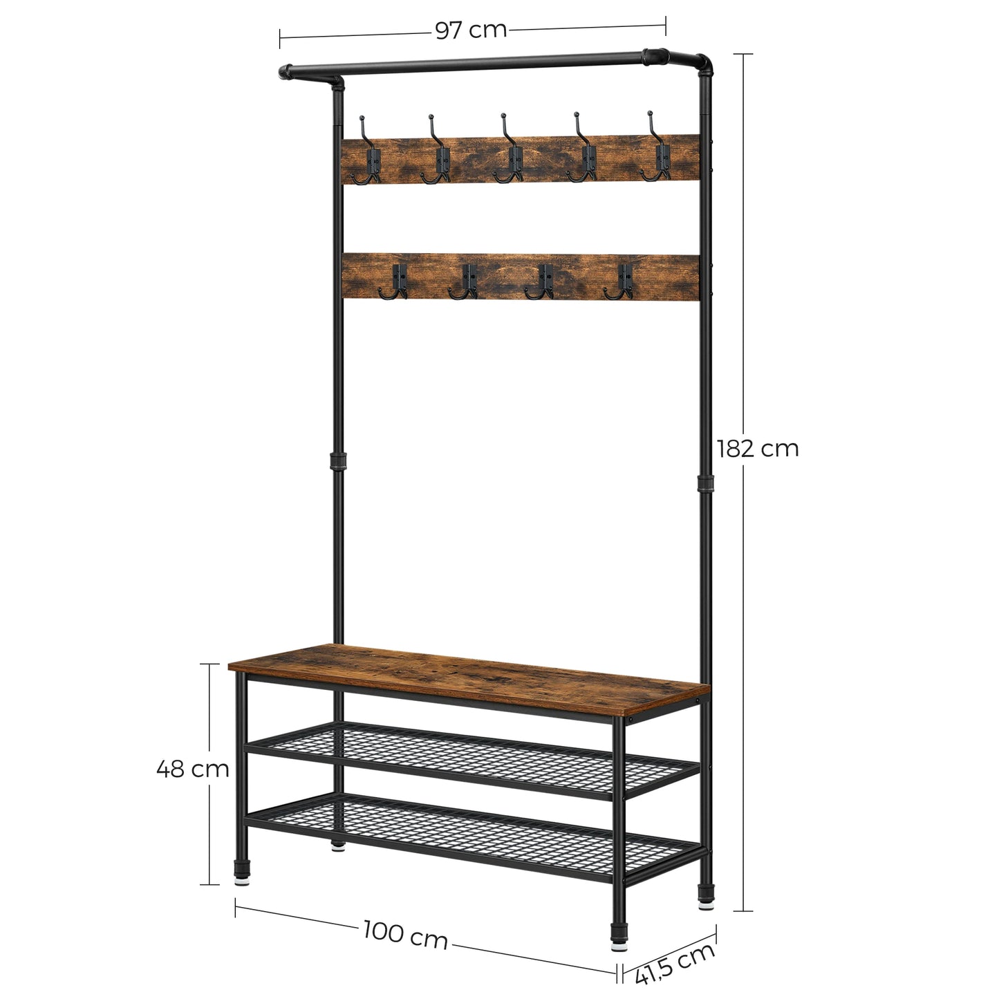 Industriële Kapstok - met Bench en Waterpijp Elementen - Grote Kledingstandaard - met Opbergruimte - Zwart en Vintage Design