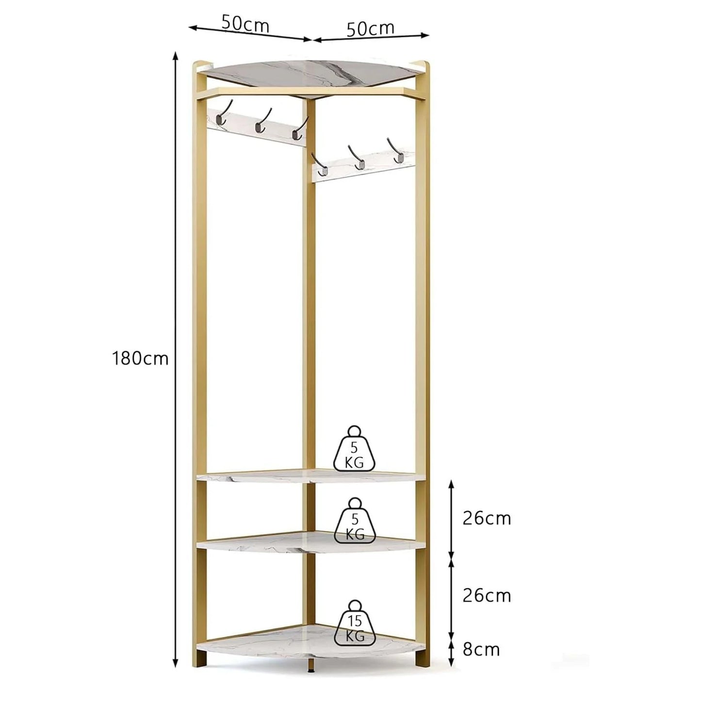 Hoekkapstok met Schoenenbank en 6 Haken - Multifunctioneel Kledingrek - Stabiel en Ruimtebesparend - Opbergruimte met Plank - Industrieel Modern - 50 x 50 x 181 cm - Goud - QUORE