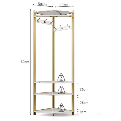 Hoekkapstok met Schoenenbank en 6 Haken - Multifunctioneel Kledingrek - Stabiel en Ruimtebesparend - Opbergruimte met Plank - Industrieel Modern - 50 x 50 x 181 cm - Goud - QUORE