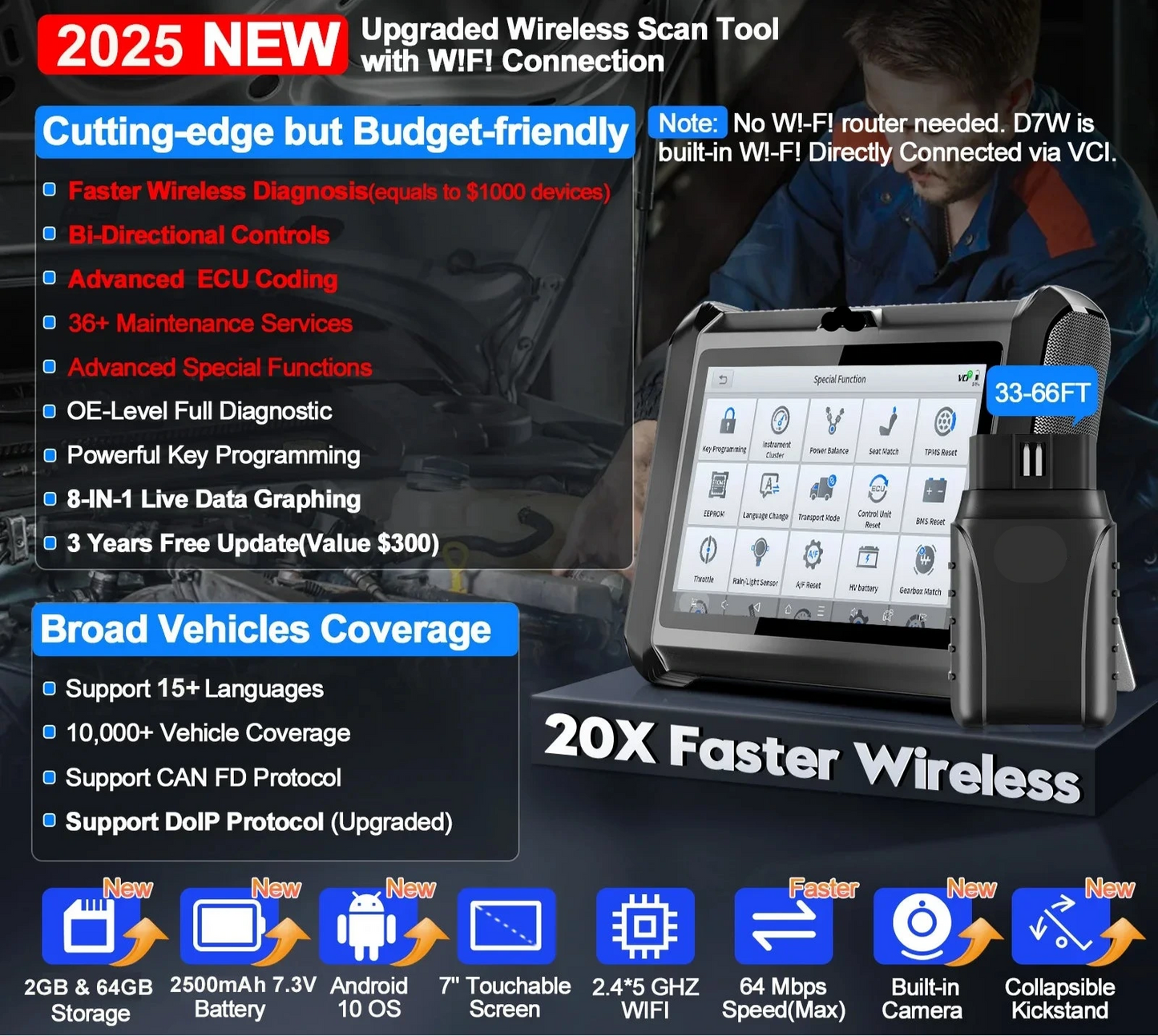 Autodiagnose Scanner – Auto Diagnosetool – Foutcode Lezer – Sleutelprogrammering – WiFi Verbinding – 7-Inch Touchscreen