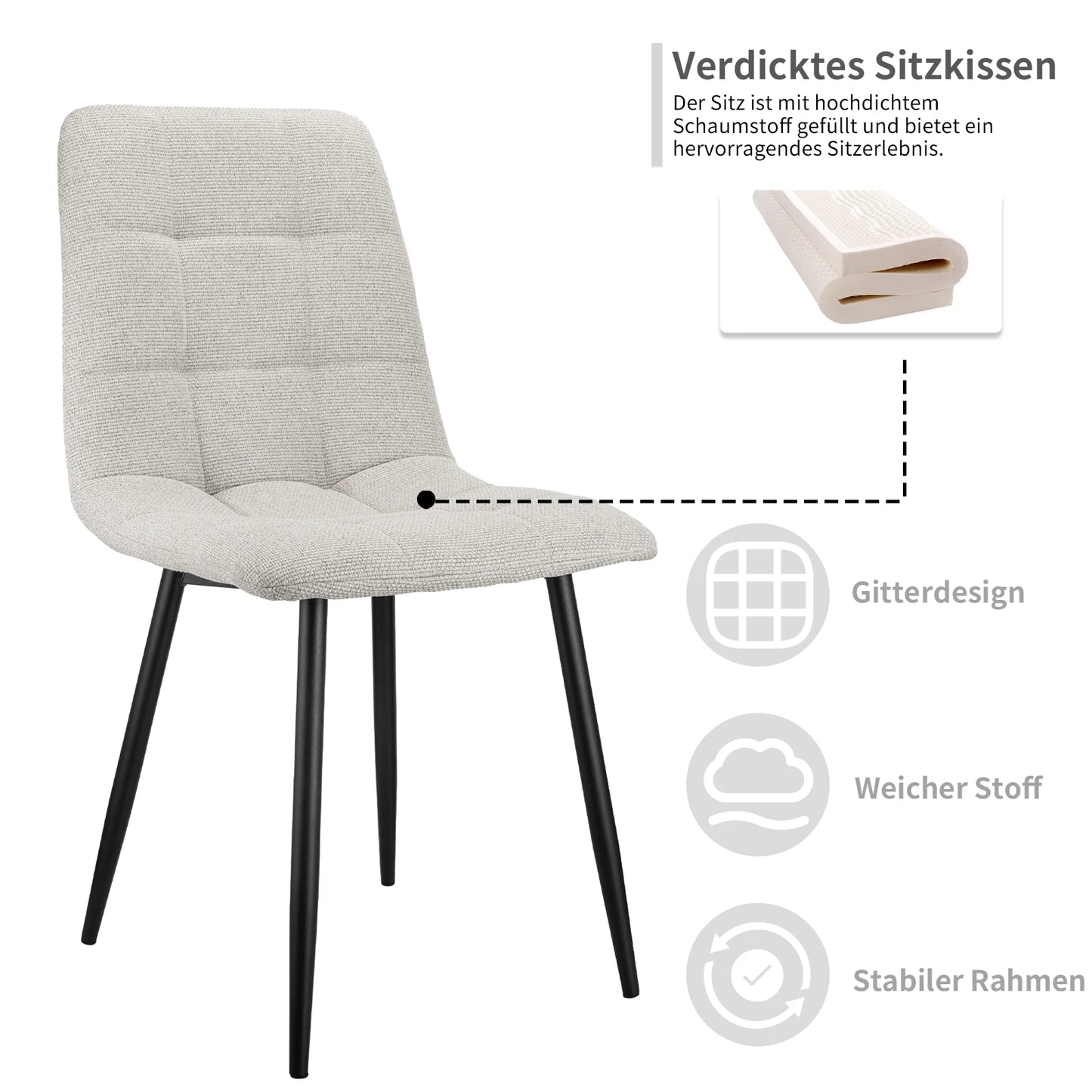 Eetkamerstoelen – Set of 4 Stoelen – Zitten – Bureaustoelen – Zitplaatsen – Ergonomisch Design – Stevig Metalen Frame - 43 x 50 x 87.5 cm - Grijs