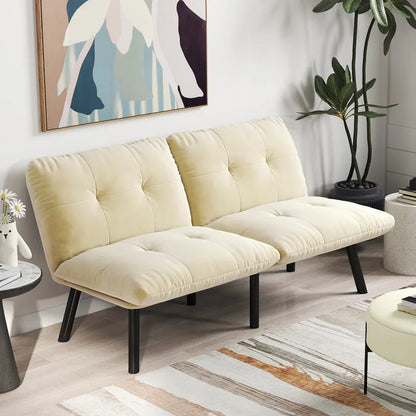 Cream-colored, foldable modern sofa bed – 2-seater futon couch with sleeping function, space-saving guest bed