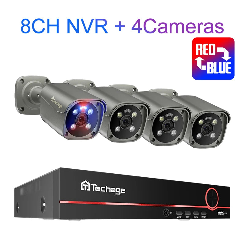 Techage H.265 8CH 5MP 4K POE Camera System Smart AI Full Color Night VIsion Face Detection CCTV Video Security Surveillance Kit - QUORE