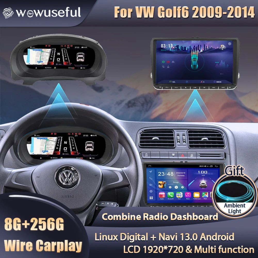 Wowuseful 12.3" inch Lcd Digital Dashboard Cluster For golf 6 2009-2014 years  Android Navigation Radio Player  Paneel Cockpit