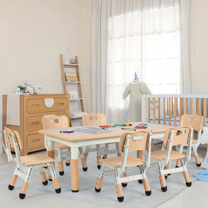 Kinder Tafel Met 6 Stoelen – Kindertafel Set – Speeltafel – Knutseltafel – Kindermeubel – Verstelbare Hoogte – Duurzaam Kunststof En Houtlook - Geel - QUORE