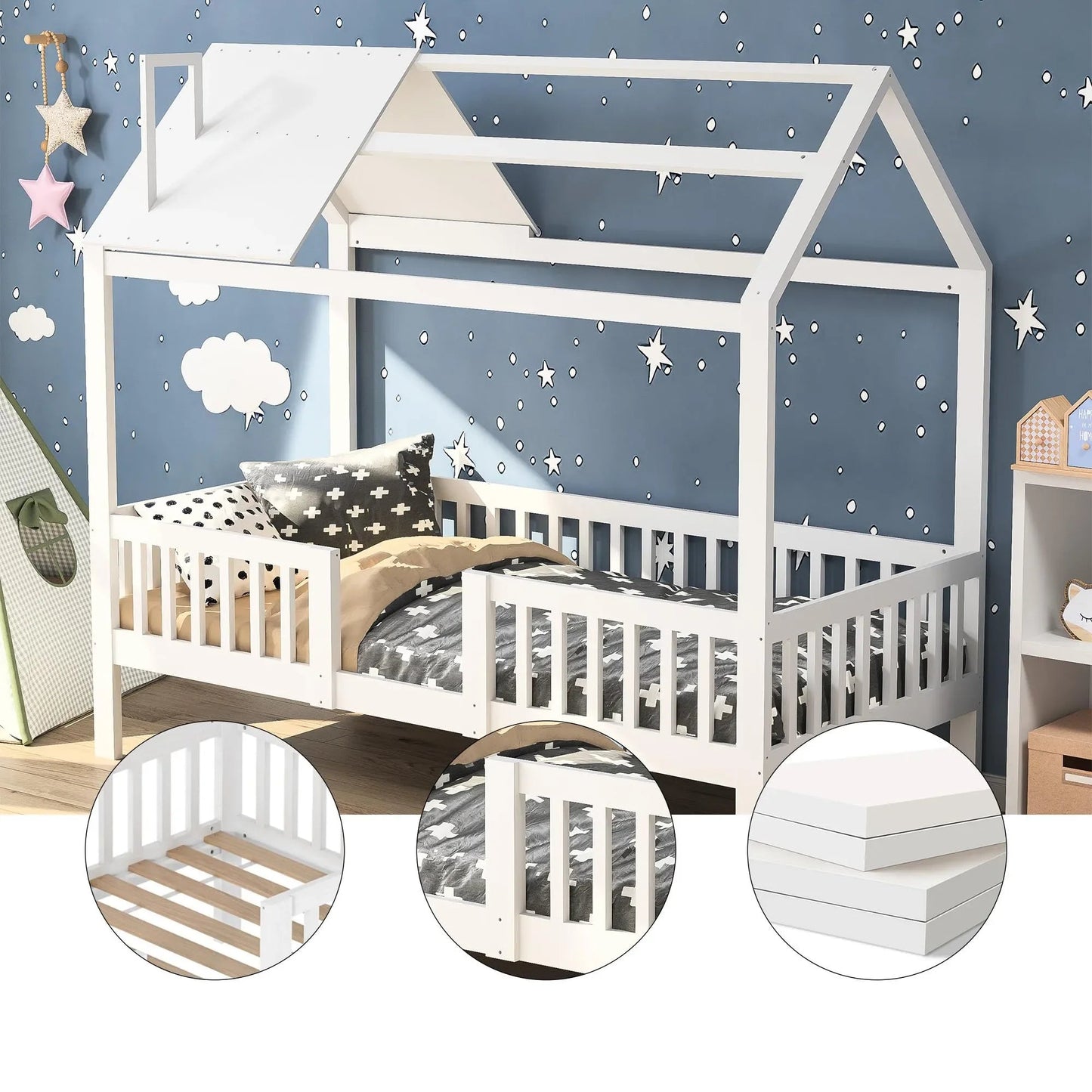 Kinderbed – Huisbed – Kinderbedden – Peuterbed – Houten Bed – 90x200 Cm – Valbeveiliging