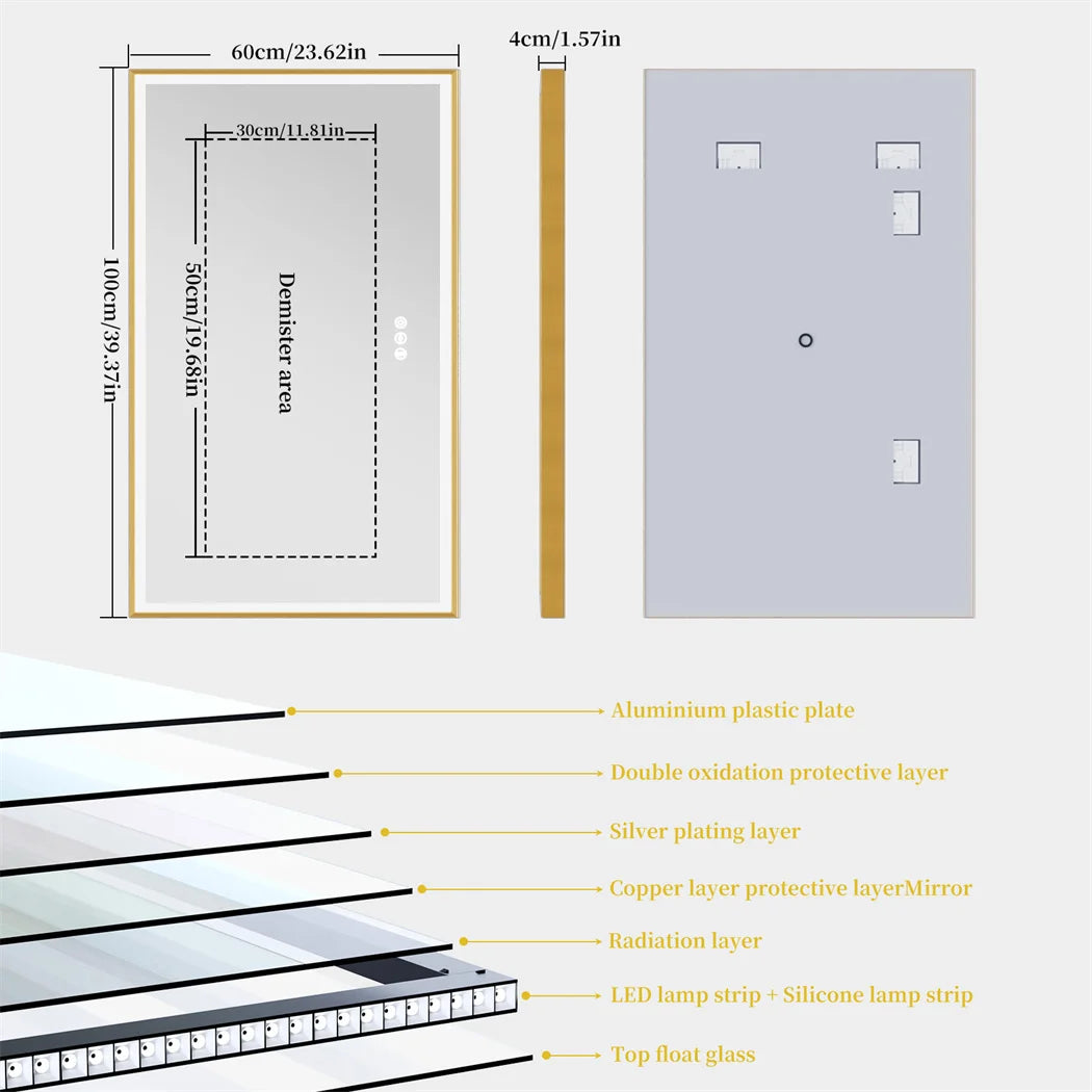 LED Badkamerspiegel – Badkamer Spiegel – Wandspiegel – Make-Up Spiegel – Toiletspiegel – 100x60 cm – Goudkleurig Aluminium Frame – Anti-Condens Met Touchbediening