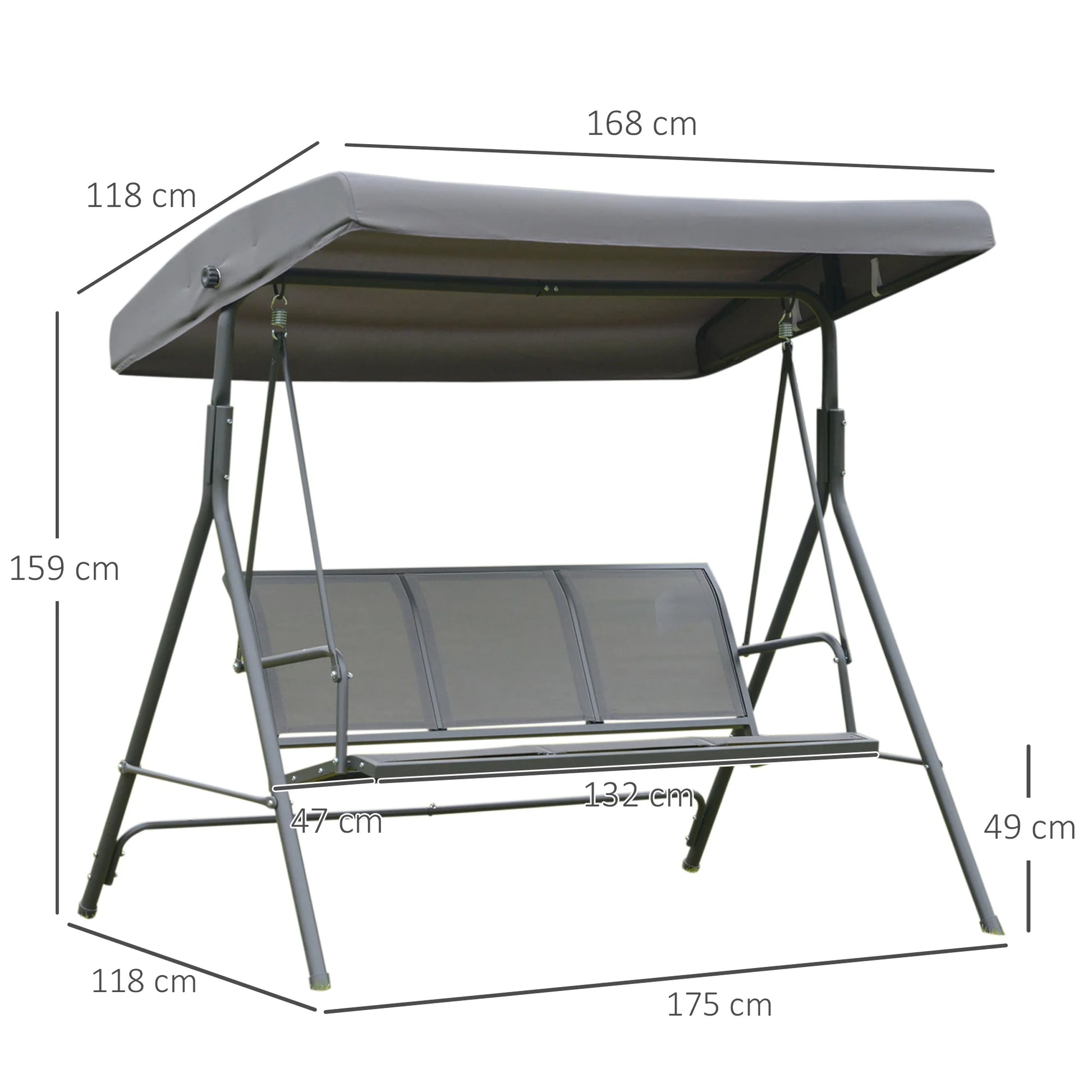 3-Zits Tuinswing met Dakzonwering - Verstelbare Rugleuning - Stalen Frame - Ademend - Grijs - QUORE