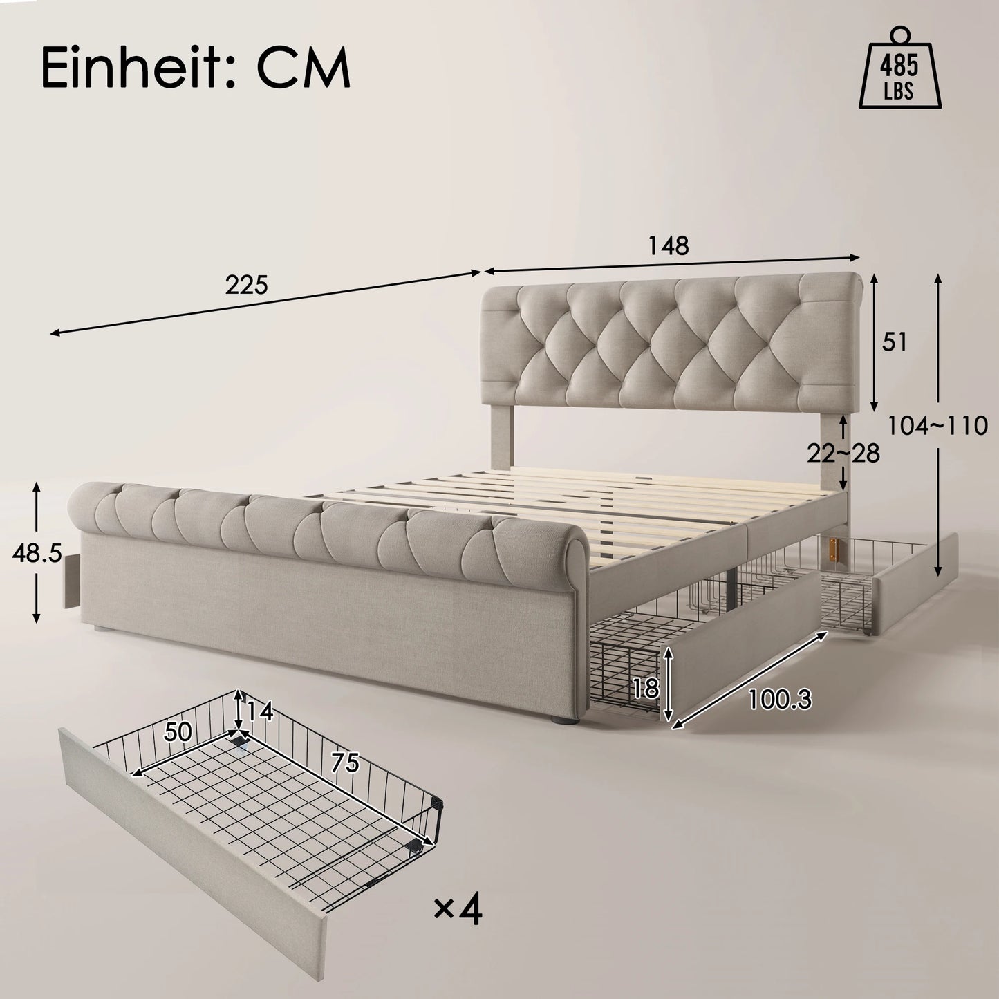 Polsterbed – Tweepersoonsbed – Bed Met Opbergladen – Bed 140x200 Cm – Verstelbaar Hoofdeinde – Huidvriendelijke Linnenstof - QUORE