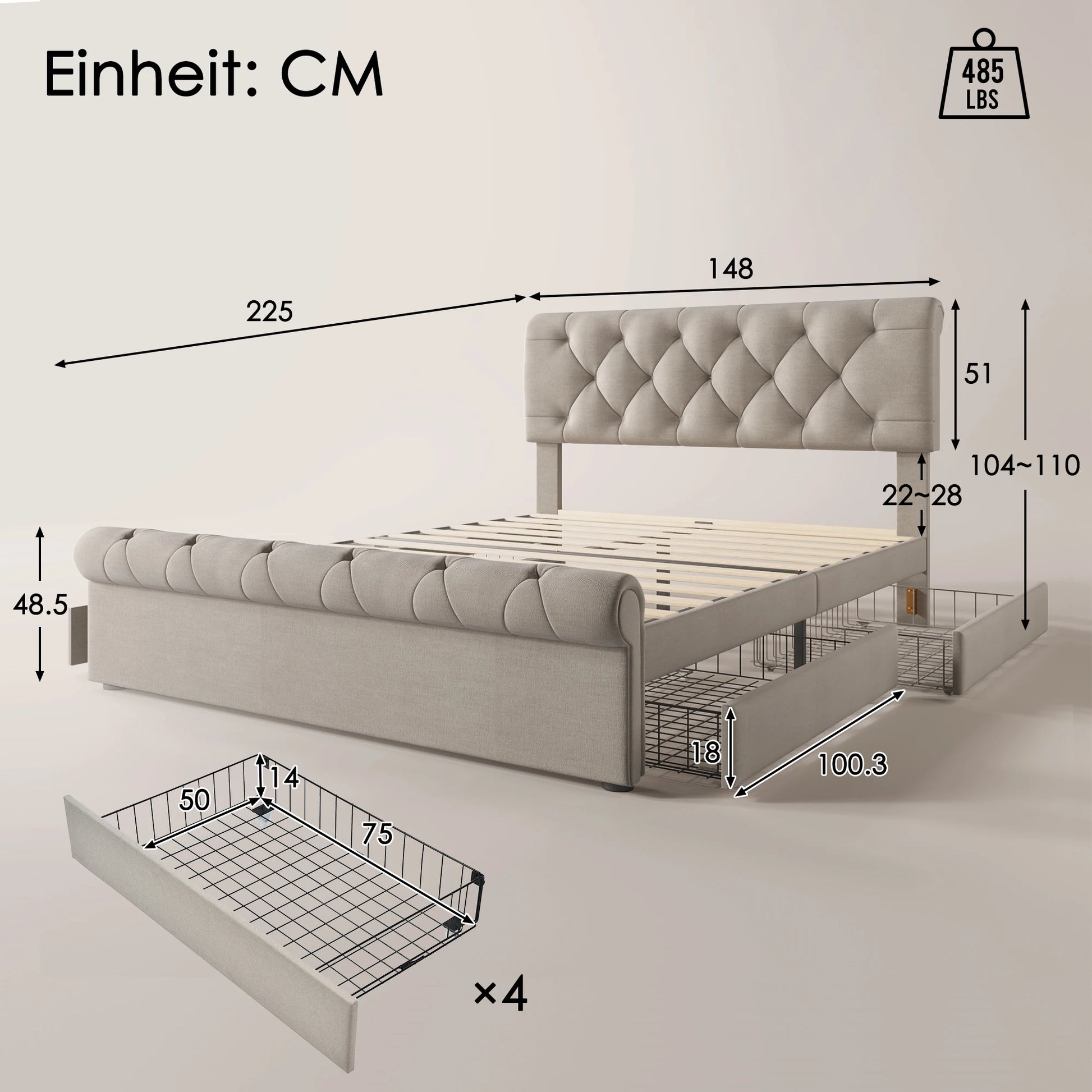 Polsterbed – Tweepersoonsbed – Bed Met Opbergladen – Bed 140x200 Cm – Verstelbaar Hoofdeinde – Huidvriendelijke Linnenstof - QUORE