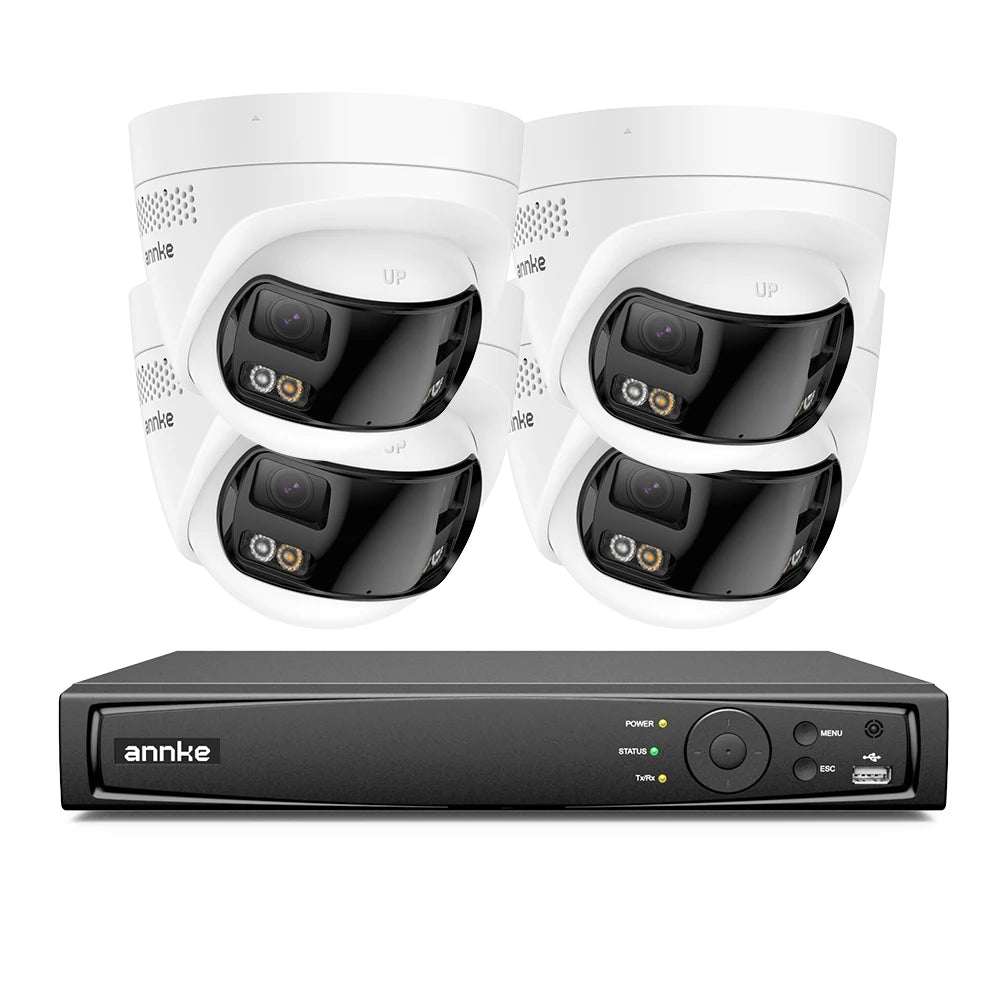 4K Bewakingscamera Set – Beveiligingscamera – CCTV Camera – IP Camera – Surveillance Camera – 4 Dual-Lens 8MP Camera’s – Ingebouwde 1TB Opslag – 180° Panoramisch Zicht - QUORE