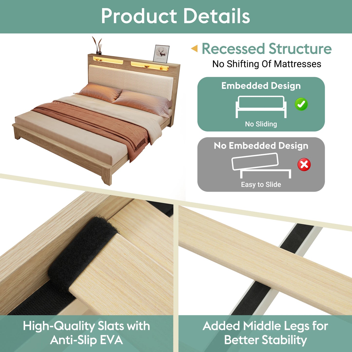 Bedframe – Tweepersoonsbed – Houten Bed – Platformbed – Gebruikt als Bedombouw – 140x200 cm – LED Verlicht Hoofdbord – Met Opbergruimte en Gestoffeerde Rugleuning
