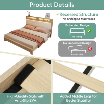 Bedframe – Tweepersoonsbed – Houten Bed – Platformbed – Gebruikt als Bedombouw – 140x200 cm – LED Verlicht Hoofdbord – Met Opbergruimte en Gestoffeerde Rugleuning