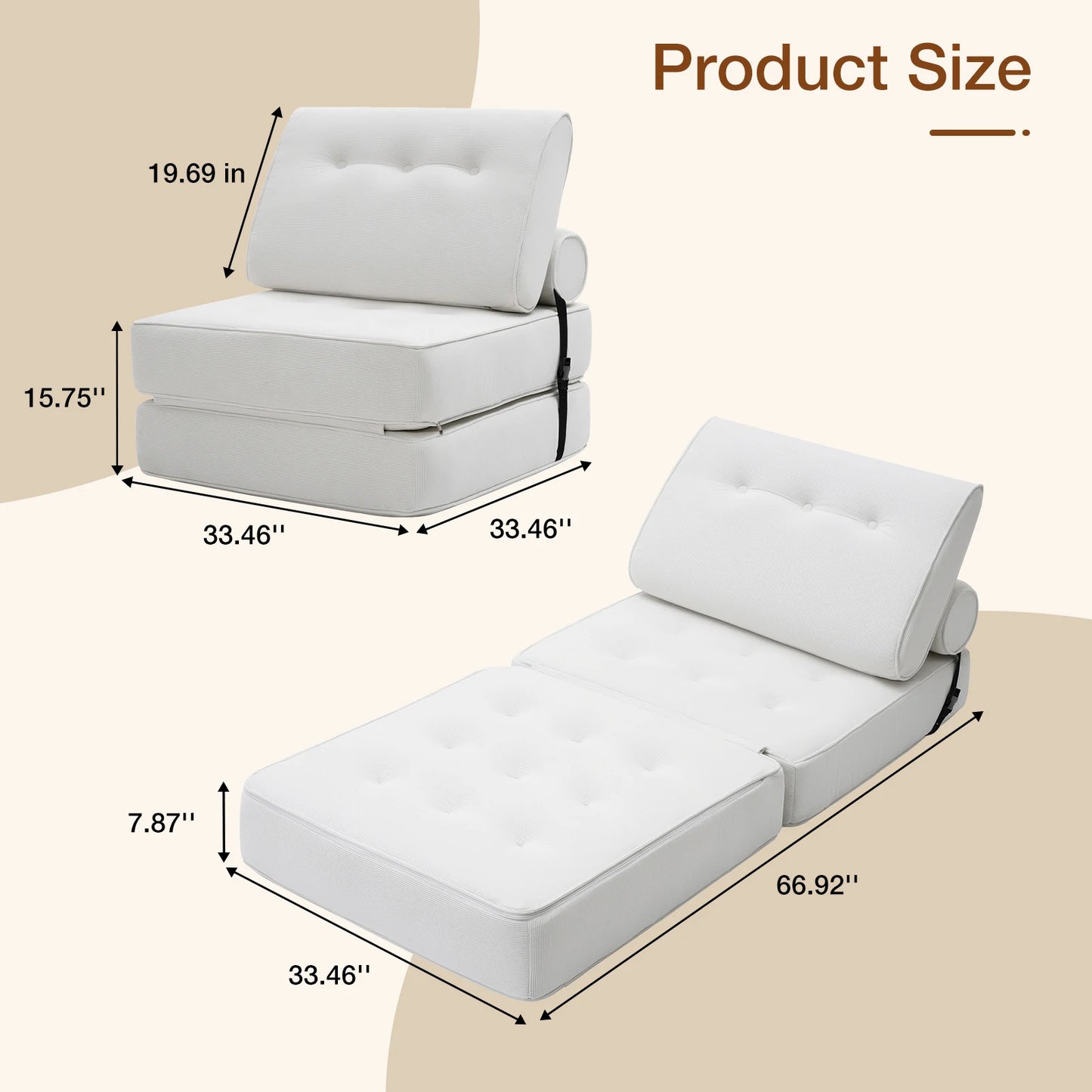 Inklapbare Slaapstoel – Slaapbank – Relaxstoel – Logeerstol – Bedstoel – Beige – Corduroy-Achtige Stof – Virgin Foam Matras