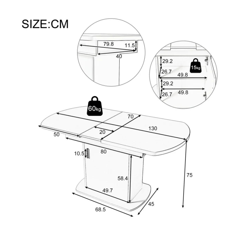 Uittrekbare Eettafel – Uitschuifbare Tafel – Flexibele Tafel – Ruimtebesparende Eettafel – Robuust Metalen Frame – Snelle Montage - 130 x 70 x 75 cm - Grijs