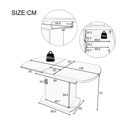 Uittrekbare Eettafel – Uitschuifbare Tafel – Flexibele Tafel – Ruimtebesparende Eettafel – Robuust Metalen Frame – Snelle Montage - 130 x 70 x 75 cm - Grijs
