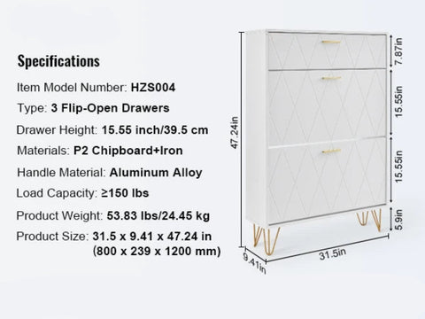 Shoe rack - Shoe cabinet - 3 folding drawers - 80 x 23.9 x 120 cm - P2 chipboard - iron - white