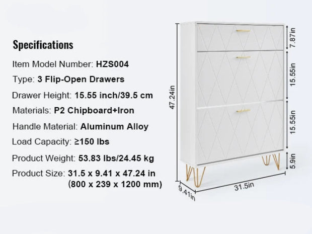 Shoe rack - Shoe cabinet - 3 folding drawers - 80 x 23.9 x 120 cm - P2 chipboard - iron - white