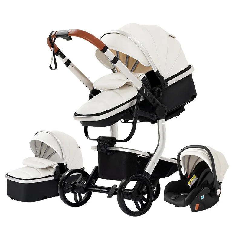 Babywagen - Kinderwagen - Buggy - Wandelwagen - 3-in-1 - met Autostoel - PU Lederen - Opvouwbare - Lichtgewicht - Voor Pasgeborenen t/m 6 Jaar - Wit