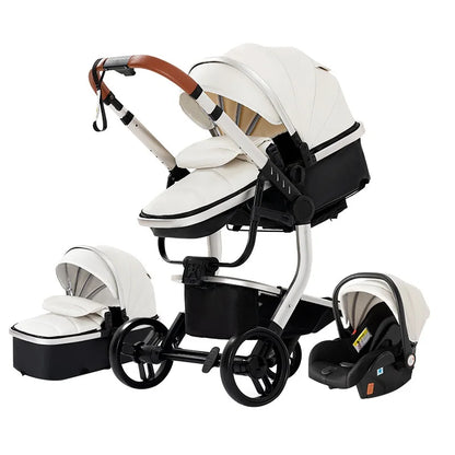 Babywagen - Kinderwagen - Buggy - Wandelwagen - 3-in-1 - met Autostoel - PU Lederen - Opvouwbare - Lichtgewicht - Voor Pasgeborenen t/m 6 Jaar - Wit