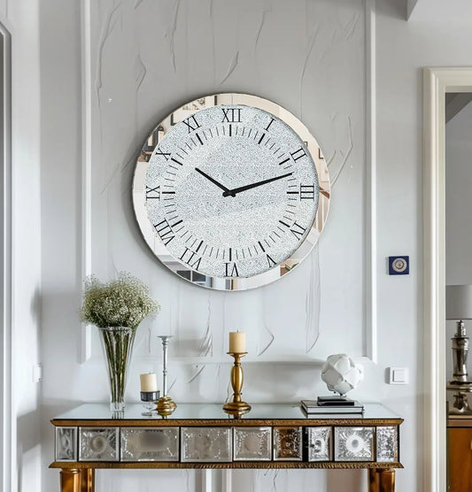 Ronde Wandklok – Kristallen Klok – Spiegelklok – Diamant Effect Klok – Zilveren Wandklok – Quartz Uurwerk – 60 cm Diameter