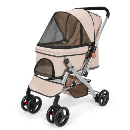 Hondenbuggy - Hondenkar - Kattenbuggy - Opvouwbare - Huisdierenbuggy - met Roterende Wielen en Rem – Tot 36 kg – Opvouwbaar met Opbergmand voor Kleine en Middelgrote Honden - Khaki