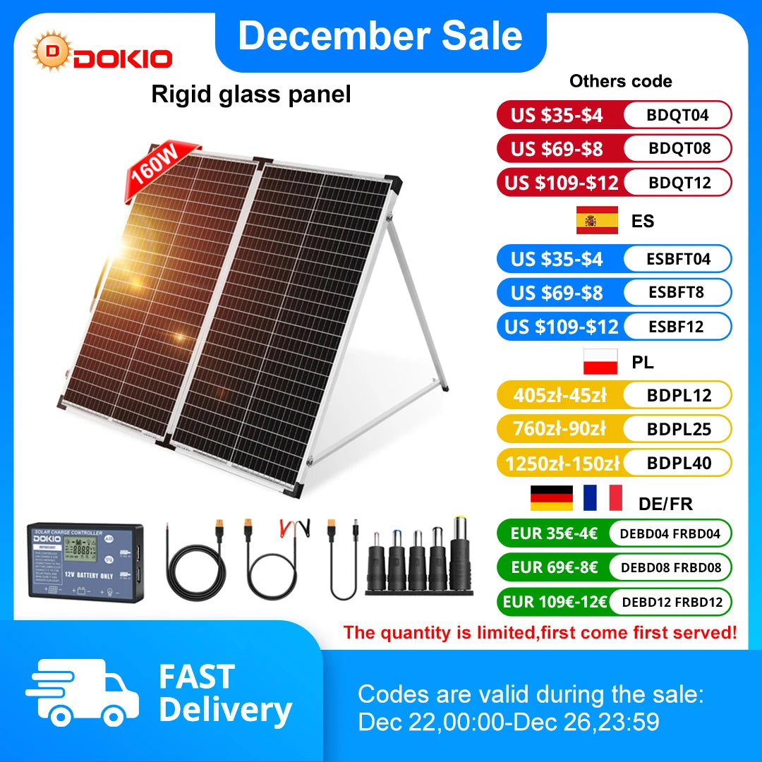 Dokio 18V 160W Rigid Foldable Solar Panel China 18V 10A 12V Controller Panel Solar Easy to Carry Cell/System Charger