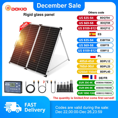 Dokio 18V 160W Rigid Foldable Solar Panel China 18V 10A 12V Controller Panel Solar Easy to Carry Cell/System Charger