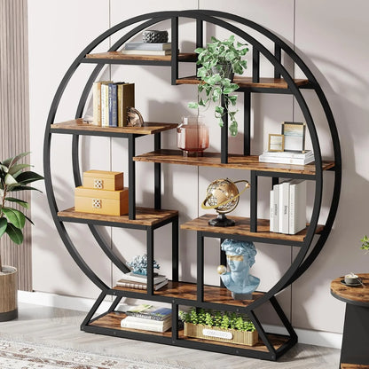 Ronde Boekenkast – Boekenplank – Boekenkast Industrieel – Etagère – Open Kast – 160 cm Hoogte – Metalen Frame en Houten Planken