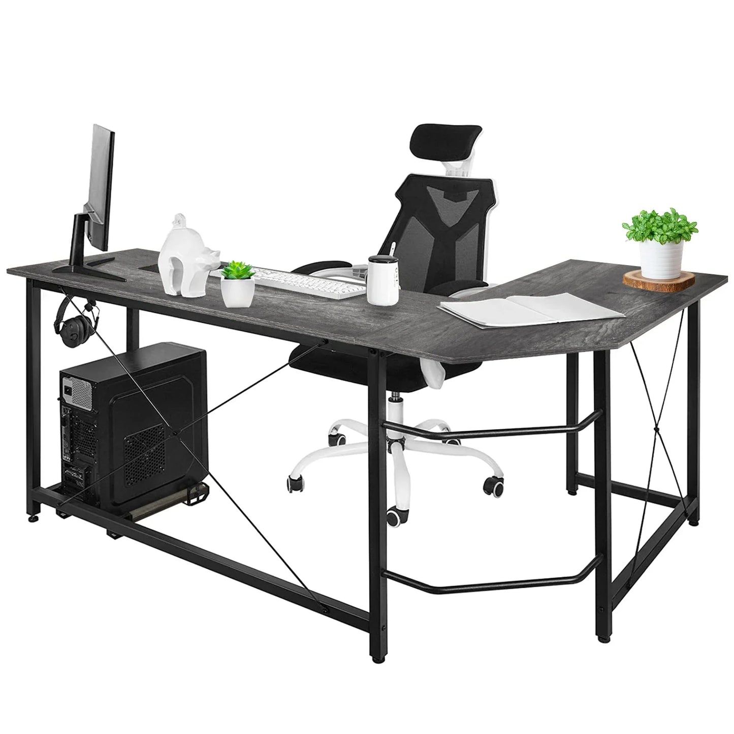 L-Shape Bureau Donkergrijs – Hoekbureau – Computerbureau – Werkplekbureau – Gamersbureau – Stevig MDF Blad – Verstelbare Pootdop - Donkergrijs - QUORE
