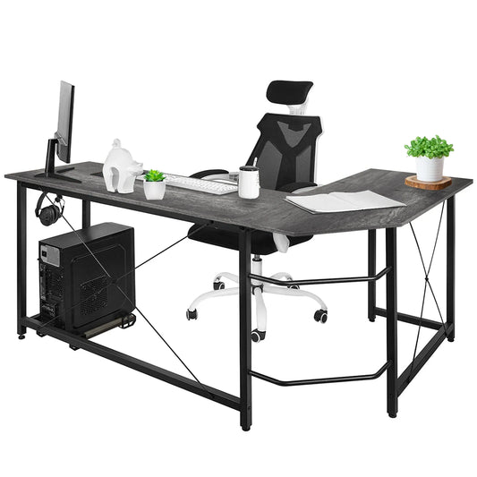 L-Shape Bureau Donkergrijs – Hoekbureau – Computerbureau – Werkplekbureau – Gamersbureau – Stevig MDF Blad – Verstelbare Pootdop - Donkergrijs - QUORE