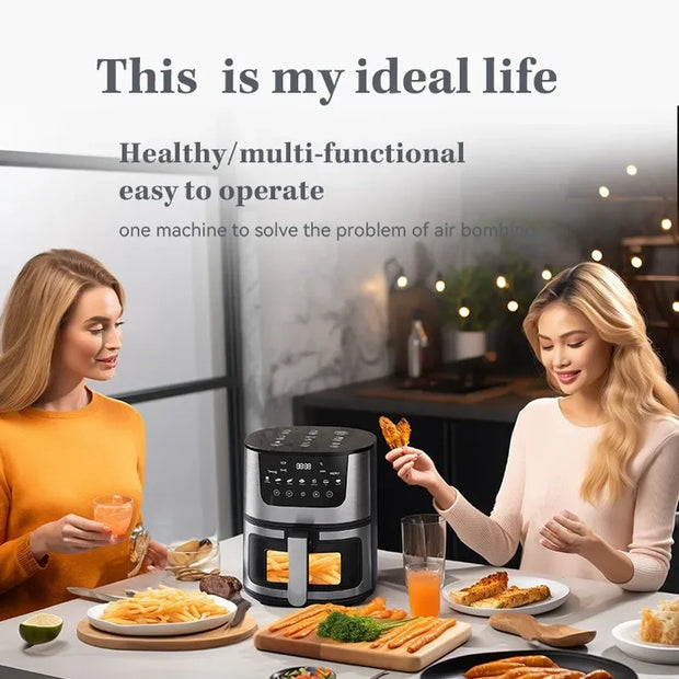 Digitale Airfryer - PFAS vrij - Groot 7 Liter - 1400W - Heteluchtfriteuse - Zwart - Digital screen - Inclusief in hoogte verstelbaar Grillrack - Elektrische friteuse - LED-aanraakbediening - Slimme multifunctionele heteluchtoven