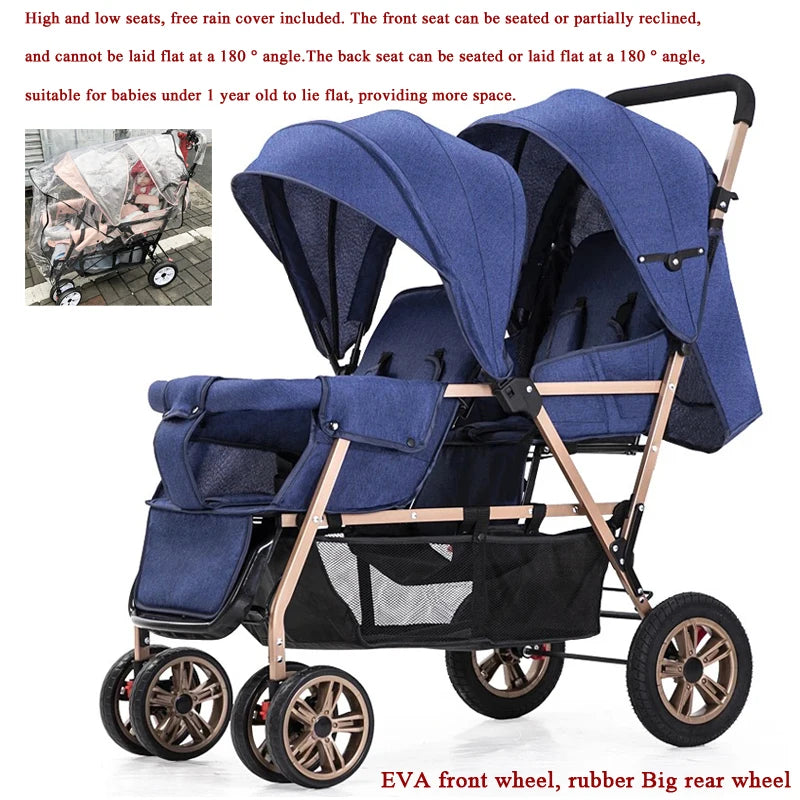 Duo Kinderwagen - Duo Buggy - Dubbele Buggy - Opvouwbare -  Verstelbare Rugleuning - Regenhoes - 72 × 42 × 97 cm - Blauw Goud - QUORE