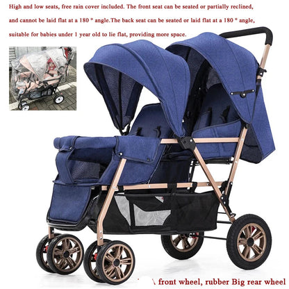 Dubbele Kinderwagen - Tweeling Kinderwagen - Duo Buggy - Duo kinderwagen - 2 Omvormbare Zitjes - en Reiswiegjes - Blauw Goud