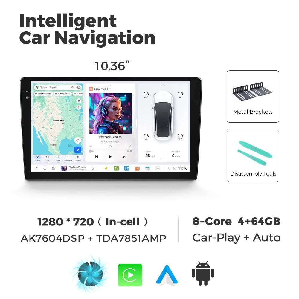 Universele Car Multimedia Speler – Auto Radio – Multimedia Systeem – Touchscreen Infotainment – GPS Navigatie – Draadloos Apple CarPlay & Android Auto – 10,36 Inch Scherm – 12GB RAM & 128GB Opslag
