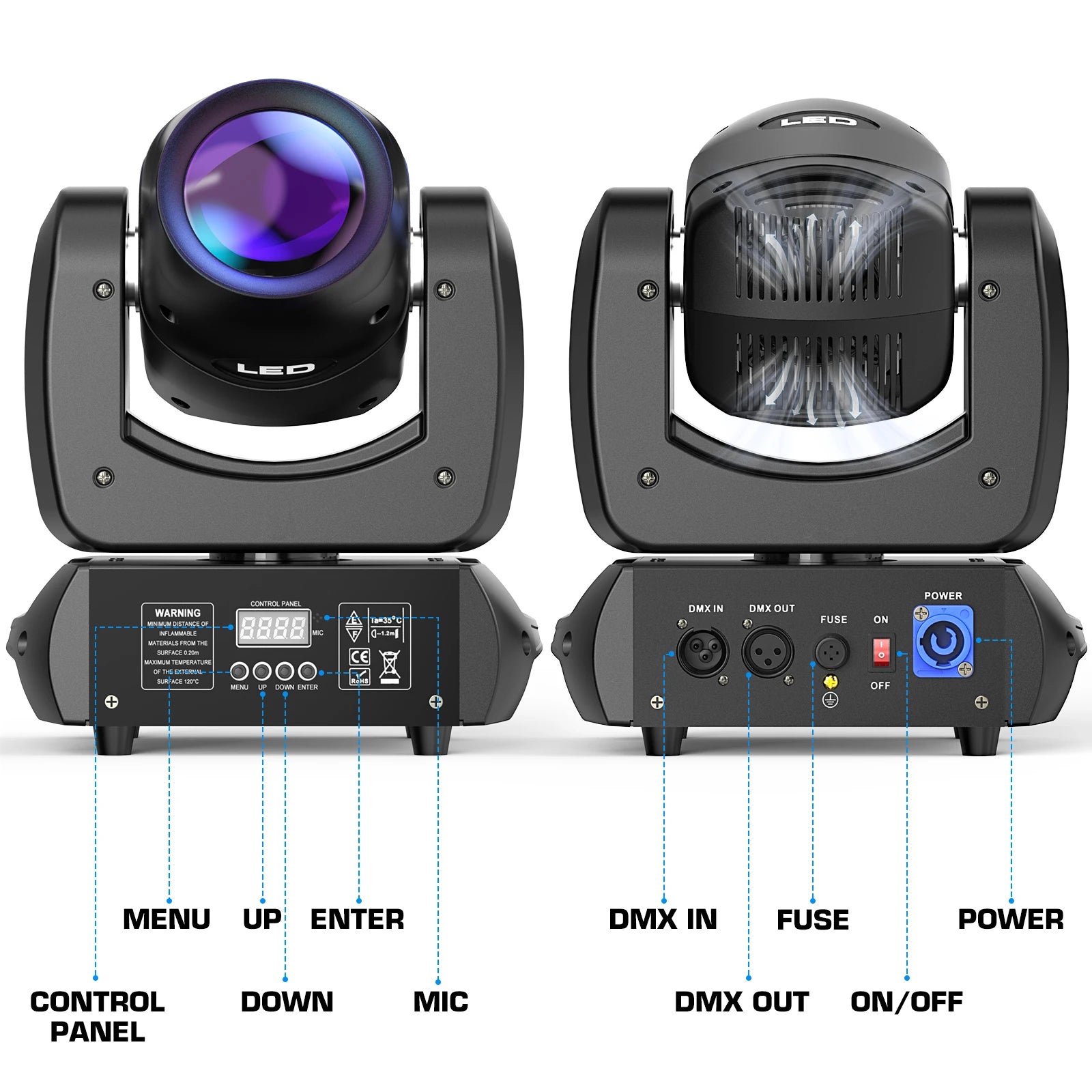 100W LED Moving Head Lights – LED Moving Spot – Stage Light – DJ Licht – Party Verlichting – Set Van 4 Met Vliegtuigkoffer – 1760 Lux Helderheid – DMX512 Besturing - QUORE