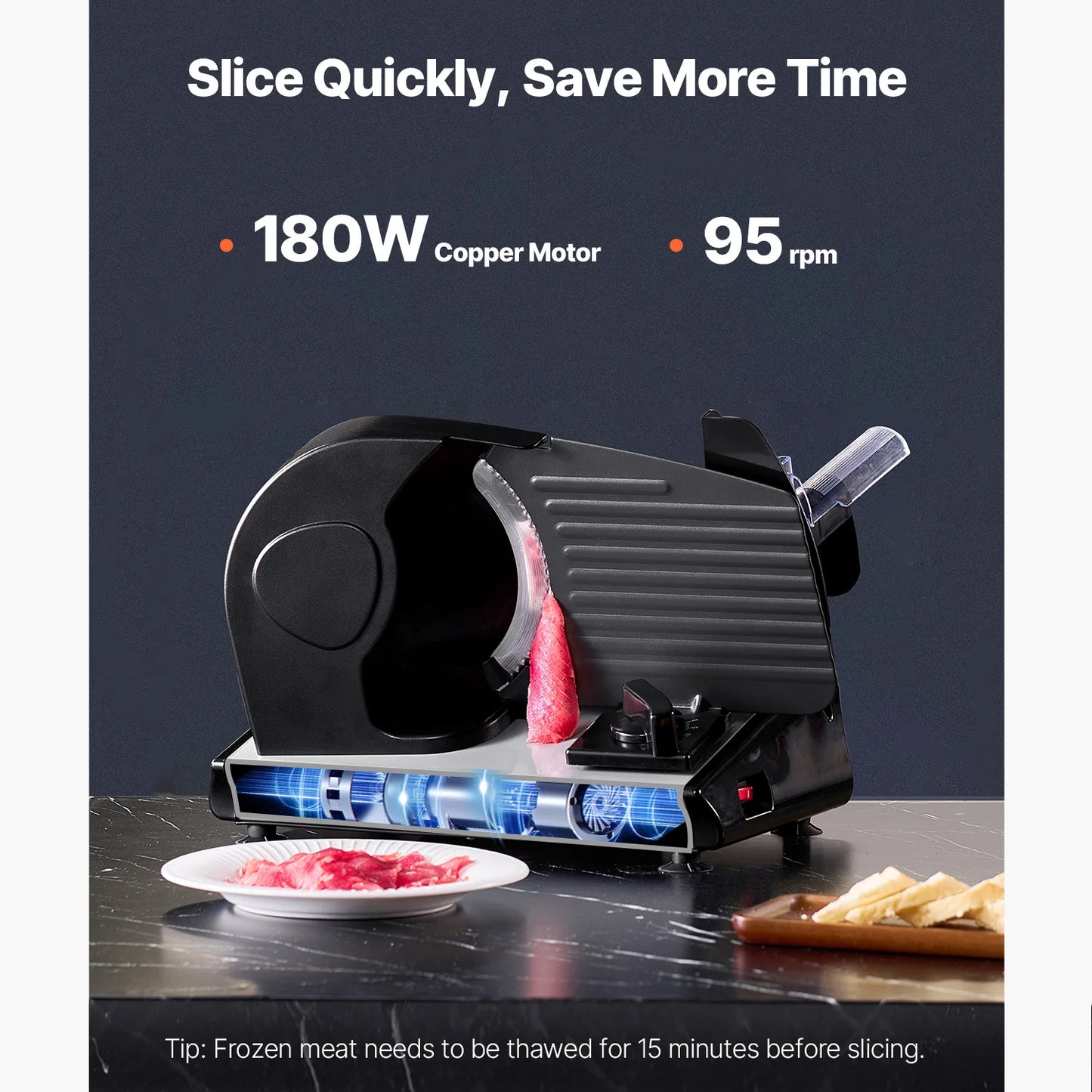 Vleessnijmachine - Snijmachine - Snijmachine Allessnijder - Elektrische Vleessnijder - Inclusief 2 Premium SUS420 Messen - Vlees Snijmachine voor Thuis - 7.5 inch - 180W - Zwart